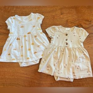 Petit Lem Firsts Lot of two baby dresses, Tan Floral and Ocean Suns. 9 Months